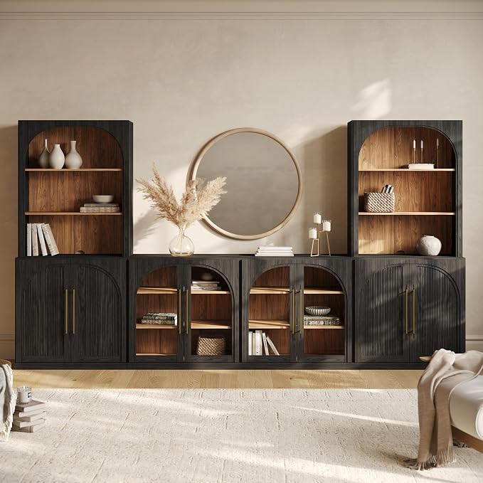 BELLEZE 6-Piece Modular TV Stand Set - 2 Arched Glass Cabinets, 2 Double-Arc Wood Door Bases, and 2 Hutch Units, Classic Modern Entertainment Center with Adjustable Shelves for Living Room(Ebony)