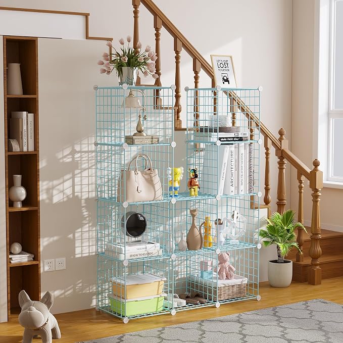 C&AHOME Wire Cube Storage, 12 - Cube Organizer Metal C Grids, Closet, Blue | Modular Shelves Units Storage Bins Shelving Bookshelf Shelf Cabinet