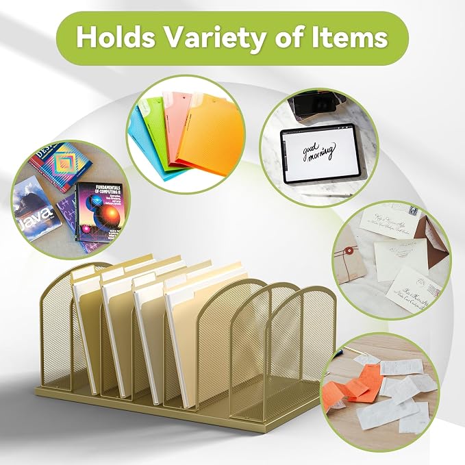 Desk File Organizer Vertical 7 Sections Mesh File Sorter Paper Storage Organizer for Desk, Office Organization File Holder Rack, Gold