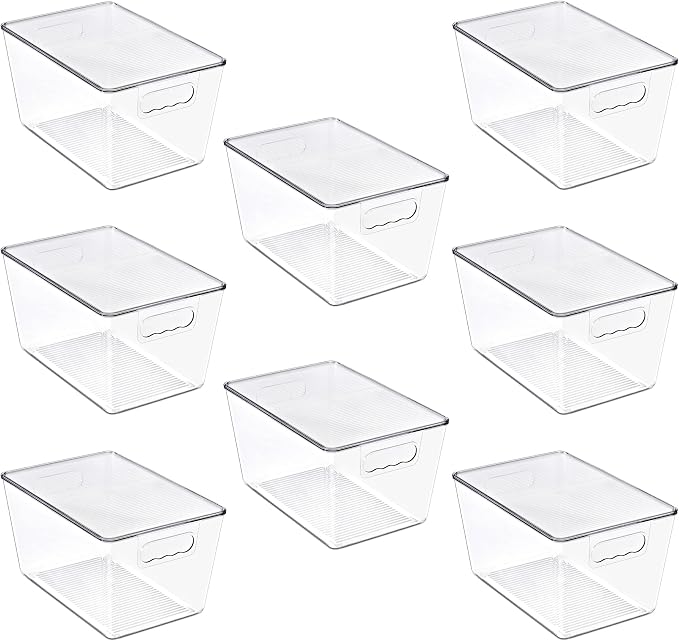 Clear Storage Bins with Lids, 8 Pack Large Stackable Clear Bins, Clear Storage Containers with Lids, Plastic Organizer Boxes for Pantry Storage, Kitchen Cabinets, Closet Organization, Bathroom