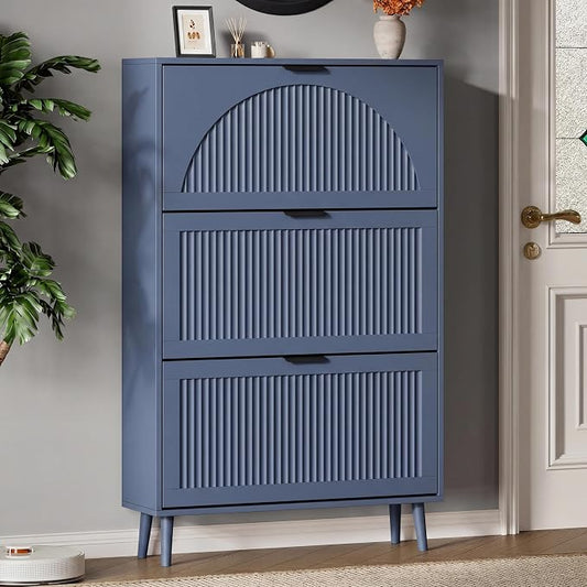 Xixini Shoe Storage Cabinet with 3 Flip Drawers, 50" Tall Narrow Wood Fluted Shoe Organizer for Entryway, Freestanding Wooden Hidden Slim Shoe Rack for Front Door Entrance, Hallway, Foyer, Navy Blue
