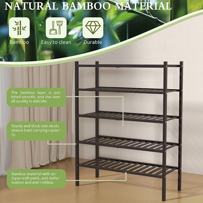 ROMGUAR CRAFT 5 Tier Bamboo Shoe Rack for Closet Free Standing Wood Shoe Shelf for Entryway Small Space Stackable 27"x11"x33" (Brown)