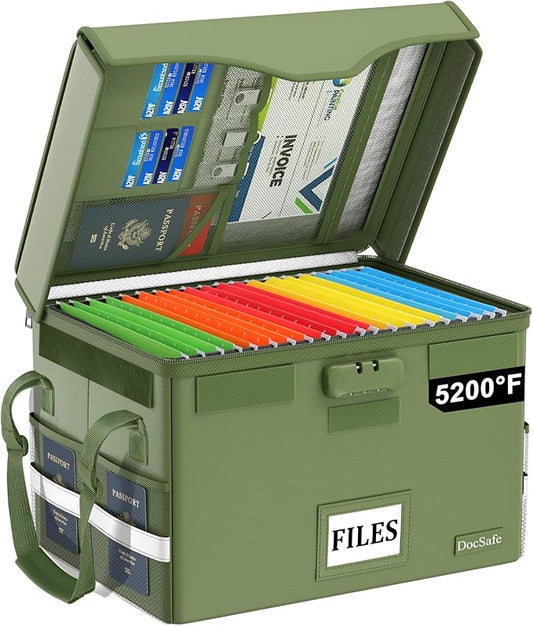 DocSafe 5200°F Fireproof Document Box with Lock,Heat Insulated File Organizer Storage with Pockets,Collapsible Portable Home Office File Safe Box with Handle for Hanging Letter/Legal Folders, Green