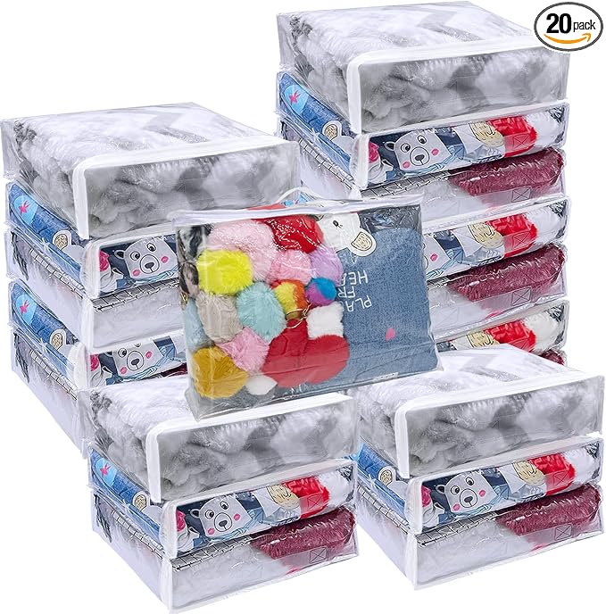 20Pcs Large Clear Vinyl Zippered Storage Bags With Handle - 16*12*4Inch Blankets Organizer for Sweater, Bed Sheet, Pillow - Plastic Bags With Zipper for Closet, Linen