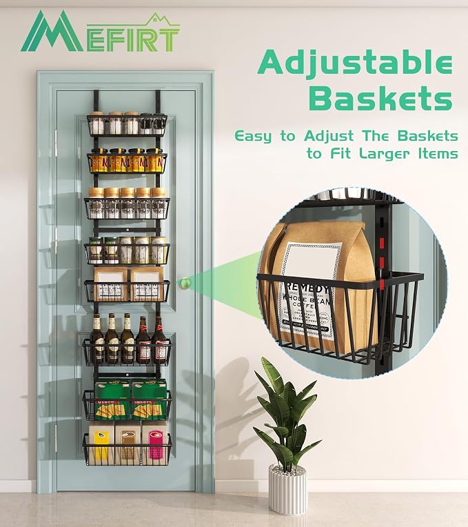 Mefirt 12 Inch Wide Narrow Over The Door Pantry Organizer Black 8-Tier | Pantry Organization and Storage, Metal Hanging Deep Basket Wall Spice Rack Seasoning Shelves, Home & Kitchen Essentials