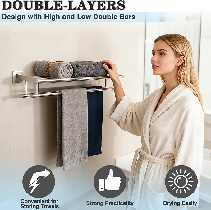 Alise Double Towel Rack for Bathroom,24 Inch Bathroom Tower Holder Towel Shelf with Double Towel Bars Wall Mount,SUS304 Stainless Steel Towel Hanger Double Tower Bar for Bathroom Wall,Brushed Nickel | Bathroom Tower Holder Towel Shelf with Double Towel...