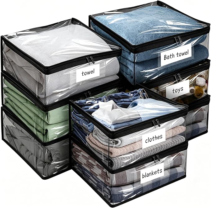 Kikerike Plastic Storage Bags with Easy-Glide Zipper, Pack of 8, Durable Clear Vinyl Zippered Storage Bags for Clothes Sweaters Comforters Blankets Sheets Bedding (15 x 12 x 5 Inch, Black)