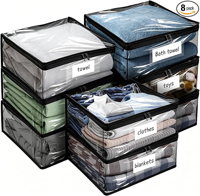 Kikerike Plastic Storage Bags with Easy-Glide Zipper, Pack of 8, Durable Clear Vinyl Zippered Storage Bags for Clothes Sweaters Comforters Blankets Sheets Bedding (12 x 12 x 3.9 Inch, Black)