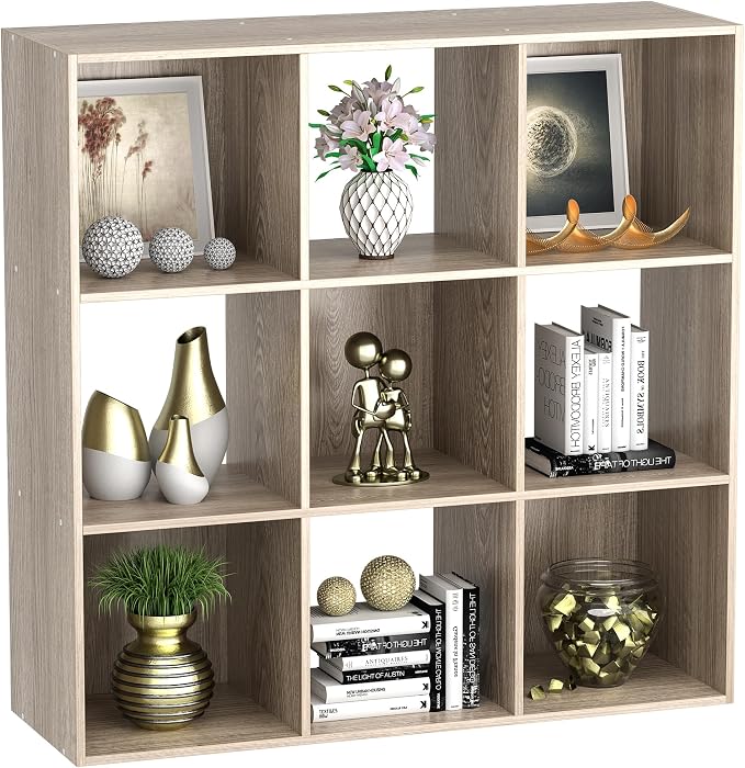 JupiterForce 9 Cubes Bookcases Storage Organizer, 3-Tier Wooden Open Bookshelf Cabinets with Removable Back Panels for Home, Office, Living Room(Natural)