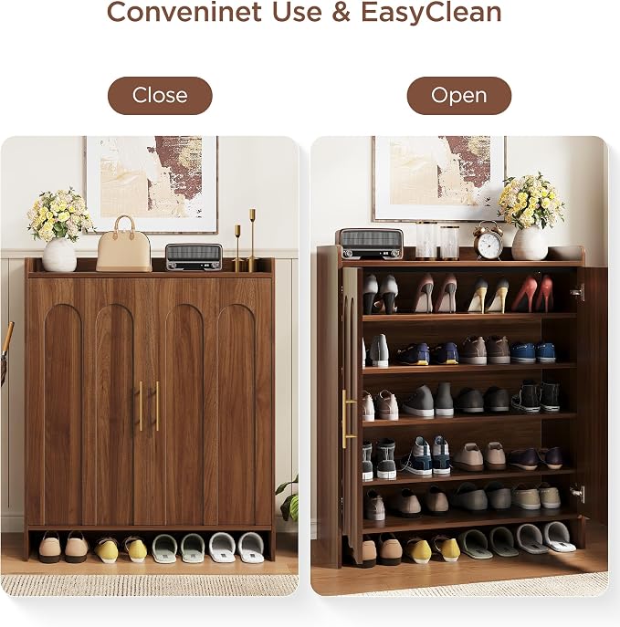 Maupvit 38.39" Tall Modern Shoe Cabinet, Entryway Storage Cabinet with Arched Doors & Gold Handles, Wood Shoe Organizer with Shelves, Freestanding Shoe Rack for Hallway, Living Room, Walnut