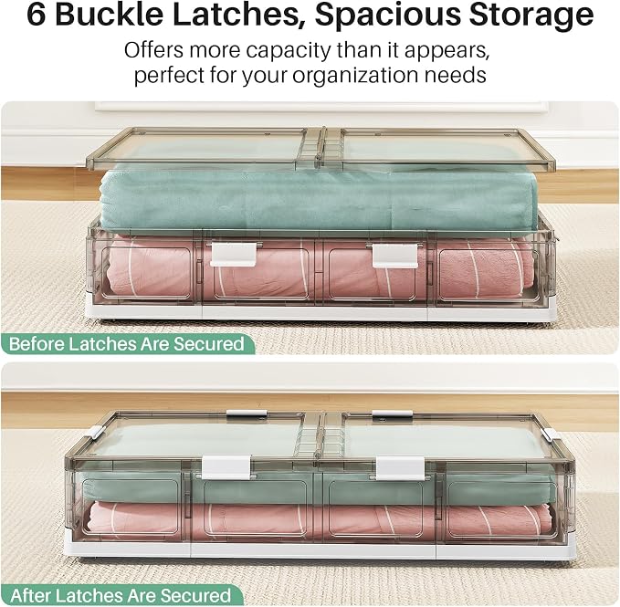 Kitstorack Clear Plastic Under Bed Storage Containers Bins with Lids and 8 Pre-installed Wheels,37.8 Qt, Rolling Foldable Flat Under Bed Organizer Boxes for Clothes Shoes Clothing Bedroom