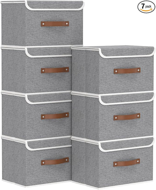 Yawinhe Fabric Storage Boxes with Lids,Grey,15.0x9.8x9.8in,7-Pack | Container with Leather Handle,Washable Storage Basket, Clothes Blanket Bin,Collapsible Closet Organizer for Bedroom
