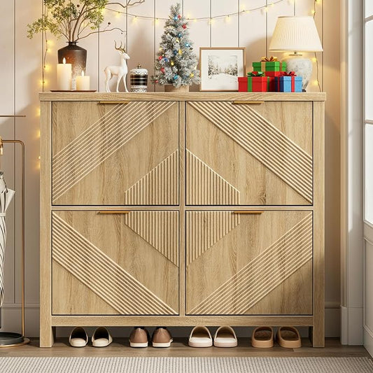Shoe Cabinet with 4 Flip Drawers & Symmetric Groove Pattern for Entryway | 44.5''W x 9.2''D x 39.4'' Natural Oak Fit for 16-24 Pairs of Shoes Slim Narrow Shoe Storage Cabinet for Hallway Living Room
