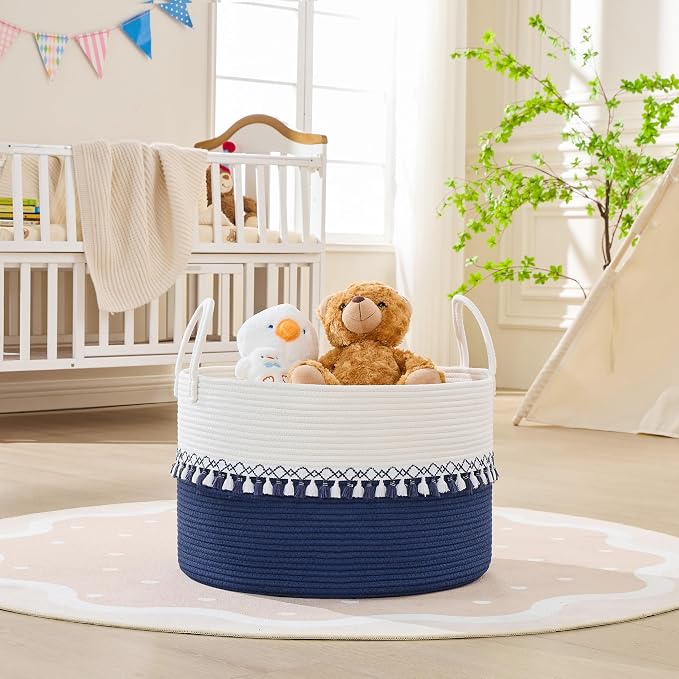 KAKAMAY Large Blanket Basket with Handles, Storage Basket for Living Room | Extra Large Capacity | Natural Cotton Rope | Blanket Storage | Woven Storage Basket | Stuffed Animal Storage | Laundry Basket