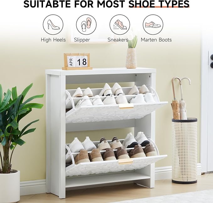 weselon Shoe Cabinet with Flip Drawers, Narrow Shoe Storage Cabinet, 2-Tier Hidden Shoe Organizer with Carved Floral for Entryway, Mid-Century Modern Slim Shoes Storage for Hallway Foyer (1, White)