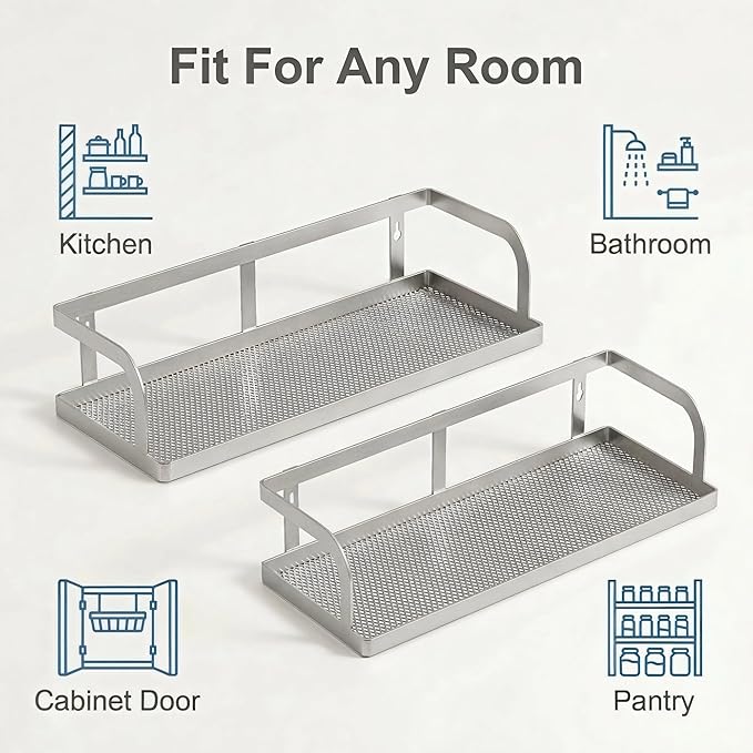 PUSDON 2-Pack 16.5" Extra Long Slim Hollowout Shower Caddy, Wall Mount Spice Rack & Bathroom Organizer, Mesh Bottom Cabinet Door Shelf Holds 50LBS - Silver Gray, Hollowout
