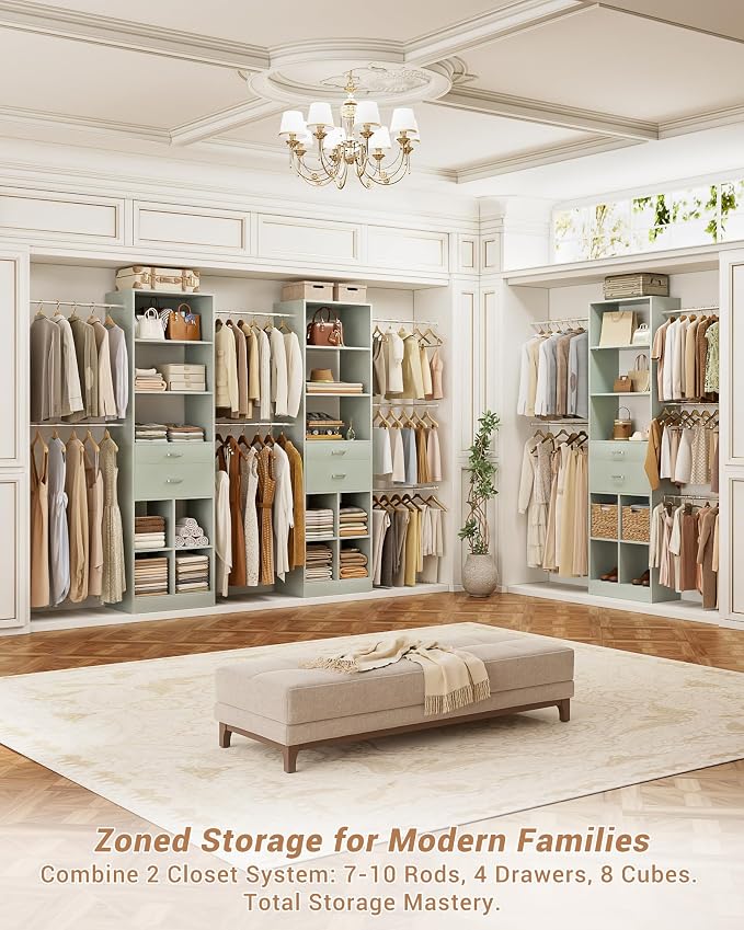 Besiost Small Closet System, 3.2-6.8FT Small Closet Organizer with 2 Drawers & 5 Hanging Rods, Can Fit 37.5 to 81.9 inch Walk-in Closet System, Built-in, Crab Green