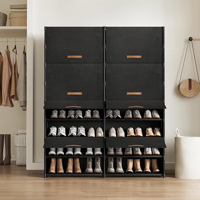 2 by 9 Tier Shoe Cabinet, 54-Pair Storage for Closet,Black | Max capacity for large families. Remove layer for boots. Split into 2 units. Door blocks dust & pets.