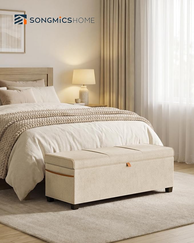 SONGMICS Home Storage Ottoman, 27 Gallons End of Bed Bench, 15.9 x 43.5 x 15.9 Inches, for Bedroom, Entryway, Living Room, Beige