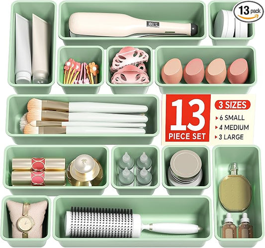 Canfanni 13 Pack Plastic Drawer Organizers Set, 3 Sizes Desk Drawer Organizer Trays for Vanity and Makeup Organizer, Organization and Storage for Makeup, Kitchen Utensils, Bathroom and Office(Green)
