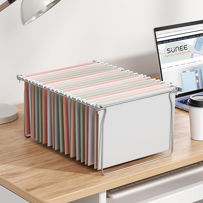 SUNEE Hanging File Folder Frame, Letter Size File Drawer Organizer for Desks, Adjustable File Cabinet Rails 13.5 to 17.5 Inches, Set of 2