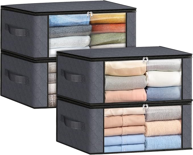 Fab totes 35L Closet Organizers and Storage, Foldable Under Bed Storage Containers, Storage bags for Organizing Bedroom, Closet, Clothing,Organization with Handle (4 Pack,Grey)