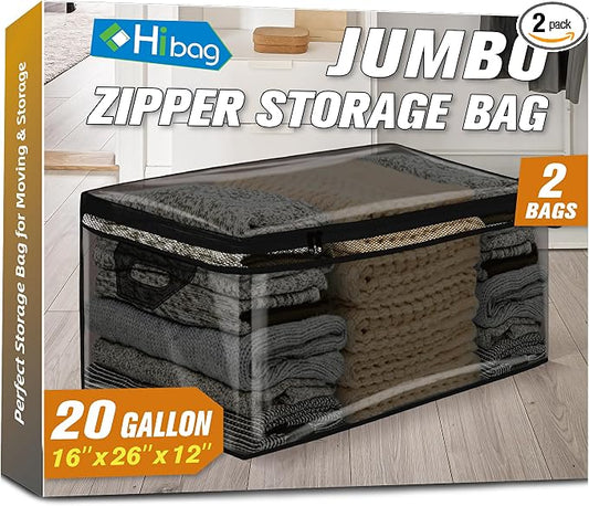 HIBAG 20 Gallon Large Storage Bag for Clothes, Zipper Clothing Storage Bag Organizer with Handles, for Comforters Blankets Pillows Bedding (Black, 2 Pack)