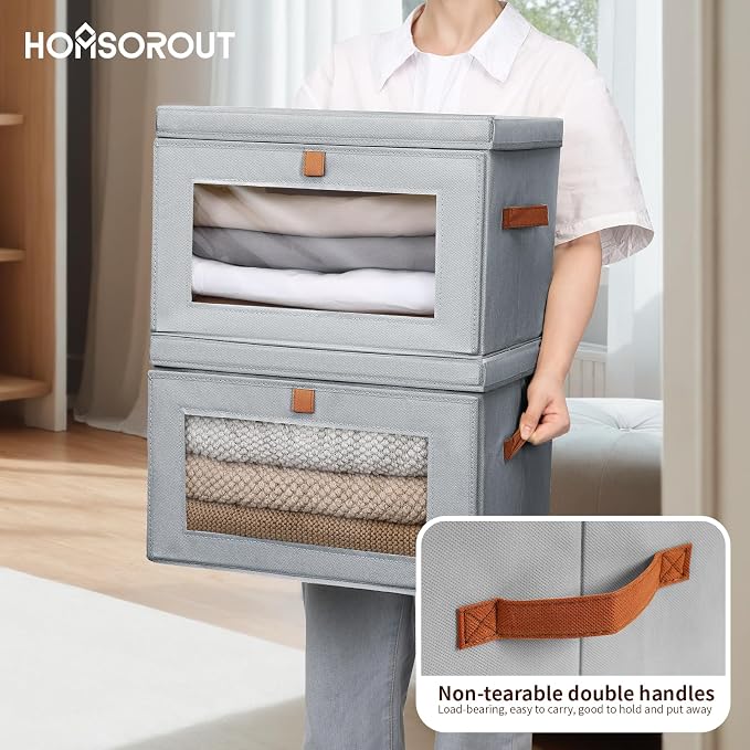 Homsorout Large Closet Storage Organizer - Clothes Storage Bins with Handles & Window, Collapsible Decorative Boxes with Lids, Fabric Containers for Living Room, Dorm, 2 Pack, Grey