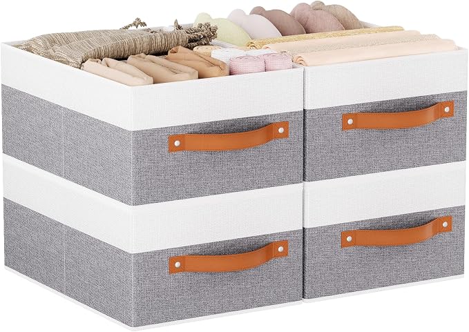 Storage Bins Organizers,13×9.1×5.5In,White/Grey Boxes,4Pack | Clothing Storage Baskets,Fabric Closet Organizer,Foldable Containers with PP Plastic Board,Large Cubes for Clothes,Hat,Books