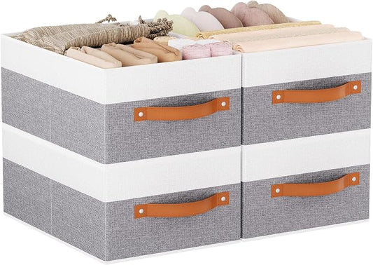 Storage Bins Organizers,13×9.1×5.5In,White/Grey Boxes,4Pack | Clothing Storage Baskets,Fabric Closet Organizer,Foldable Containers with PP Plastic Board,Large Cubes for Clothes,Hat,Books