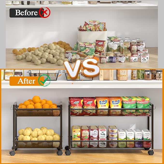 3IngSeagulls 2-Tier Expandable Rolling Pantry Floor Organizer, Stackable Pantry Storage Cart with Wheels, Kitchen Fruit and Vegetable Storage Rack for Onion, Potato, Food, Snacks