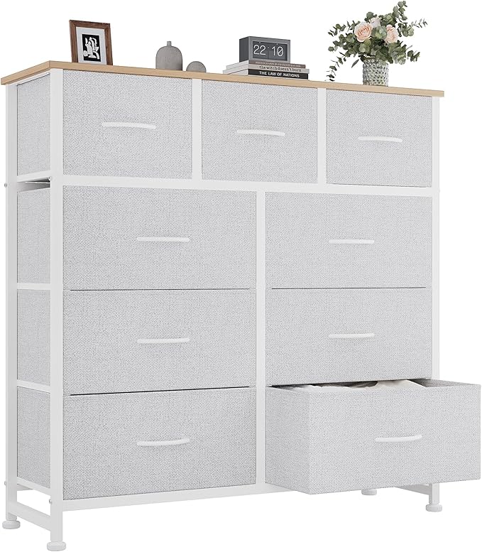 OLIXIS 9 Drawer Tall Dresser for Bedroom, Closet Organizers and Storage | Fabric Dresser with Wooden Top, Chest of Drawers for Clothes Storage, Tower Cabinet, Furniture, TV Stand, Light Grey