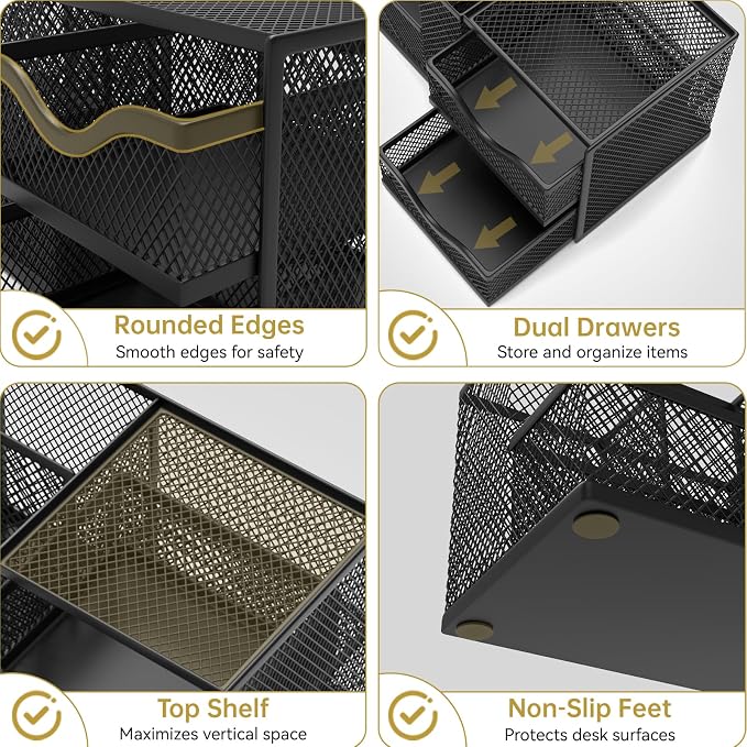 Mesh Desk Organizer with 2 Drawers and 5 Compartments, Pen Holder for Desk | Versatile Storage for Pens, Notes, Clips, Desk Accessories and Office Supplies for School Office Classroom