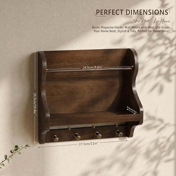 Pine Wood Mail Organizer Wall Mount with 7 Key Hooks for Entryway, Brown | Decorative Mail Holder for Wall, Living Room, Rustic Magazine Holder for Paper, Bill Storage, Home Decor, Apartment Aesthetic