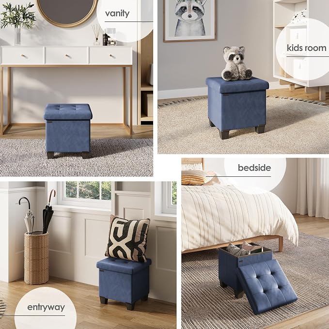 Storage Ottoman Cube with Small Bin, 15-in Square Ottoman with Storage for Living Room and Bedroom, Small Ottomans Foot Rest, Leather Foot Stools Ottomans Max 330lbs, Blue
