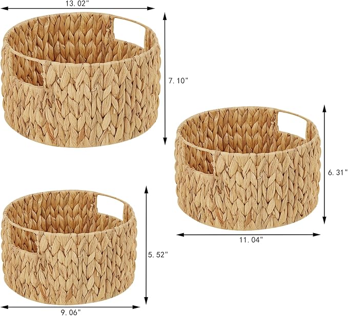 Wicker Storage Basket, Hand-Woven Water Hyacinth Large Round Woven Basket With Handles, Wicker Baskets for Organizing/Storage, 3-Pack