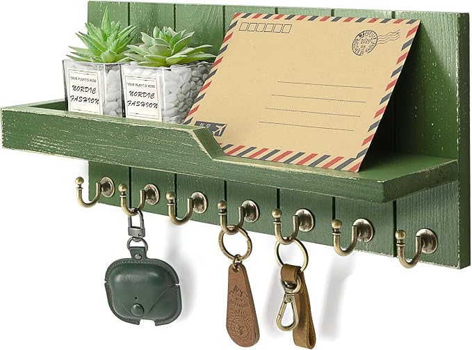 Rebee Vision Key Holder Wall Mount with Shelf &7 Hooks for Entryway, Green | Pine Wood, Farmhouse Key Holder for Wall, Mail and Perfume Display, Rustic Key Hanger, Apartment Essential, Room Decor Accent