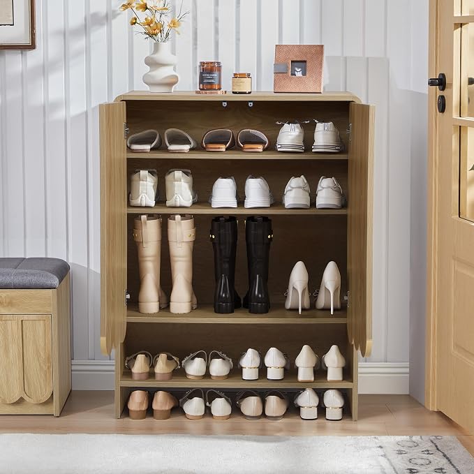 Shoe Storage Cabinet with Scalloped Doors, 5-Tier Wooden Shoe Cabinet with Adjustable Shelves, Shoes Rack Storage Organizer for Entryway, Hallway, Living Room, Natural
