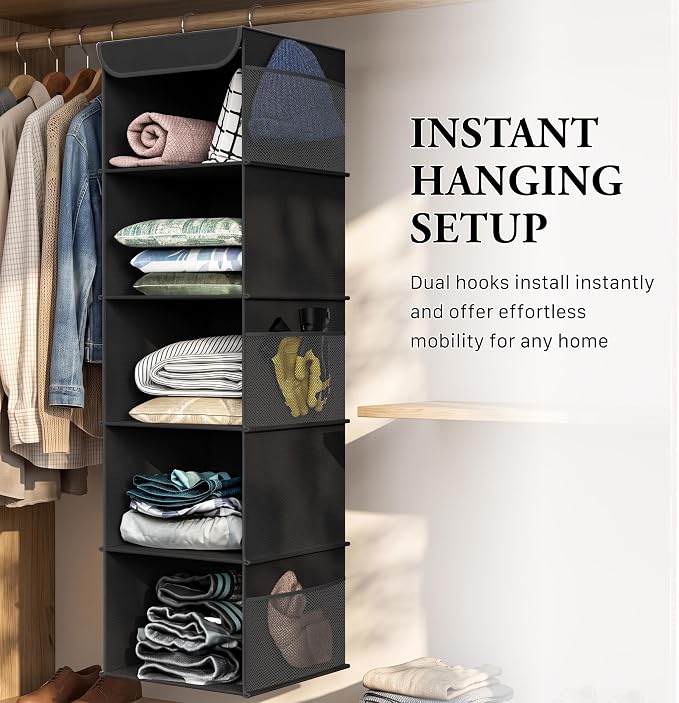 Simple Houseware 5 Shelf Hanging Closet Organizer, Black | 360° Rotating Dual Hooks, Top Support Metal Frame, 6 Side Mesh Pockets