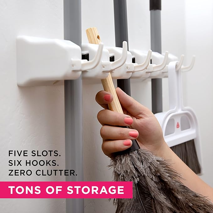 Broom Holder Wall Mount, Mop and Broom Organizer – Wall Mounted Broom Rack & Mop Rack, Rack for Brooms and Mops | Broom Hanger Wall Mount with 5 Slots & 6 Hooks, Kitchen Garage Laundry Garden (White)