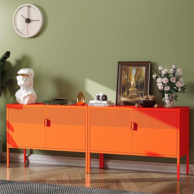 COFaR TV Stand for TVs up to 75 Inch, 40''L Media Console with Ventilation Doors, Metal Entertainment Center with Adjustable Shelves & 120Lbs Storage for Living Room & Bedroom, Orange