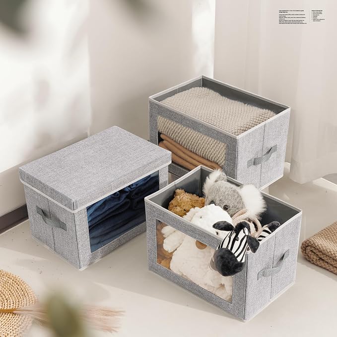 Homsorout Storage Baskets with Lids, 4 Pack Large Box Organizer with Window, Fabric Storage Cubes Bins for Closet, Collapsible Organizer Bins for Bedroom, Living Room, Dorm, Blended