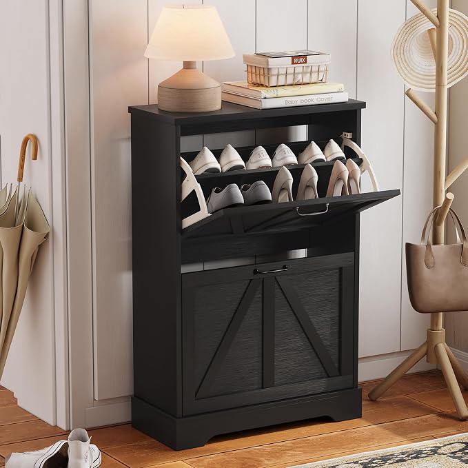 Semiocthome Farmhouse Shoe Storage Cabinet with 2 Flip Drawers, 23.6"(W) Freestanding Shoe Organizer with Barn Door and Metal Handles for Entryway, Corner Rustic Narrow Shoe Rack Cabinet - Black