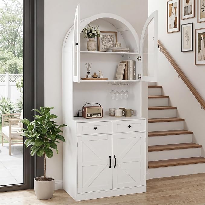 Merax 75" Tall Bookcase,Arched Pantry Cabinet with Adjustable Shelves | Farmhouse Bookshelf Coffee Bar with Charging Station Open Countertop for Office,Kitchen,Dining Room,Living Room,White