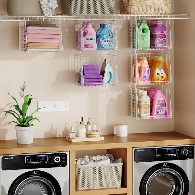 3-Pack Extra-Tall 13.6'' Hanging Laundry Basket Organizer, Foldable Wire Shelf with 360° Rotating Hooks & Reinforced Height - Durable Space-Saving Laundry Room & Closet Organizer, White Patent