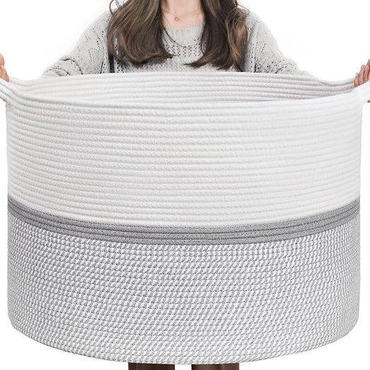 CHICVITA 85L Large Cotton Rope Blanket Basket with Handles, Grey | Woven storage basket for laundry, pillows, toys. Decorative for living room, bedroom, nursery, 22x22x14in