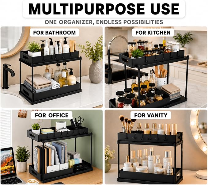 2 Pack Under Sink Organizer, Pull-Out Cabinet Storage Organizers for Bathroom & Kitchen, Multi-Purpose Under Counter Shelf Rack for Cleaning Supplies, Bottles & Toiletries, Cabinet Organizer-Black