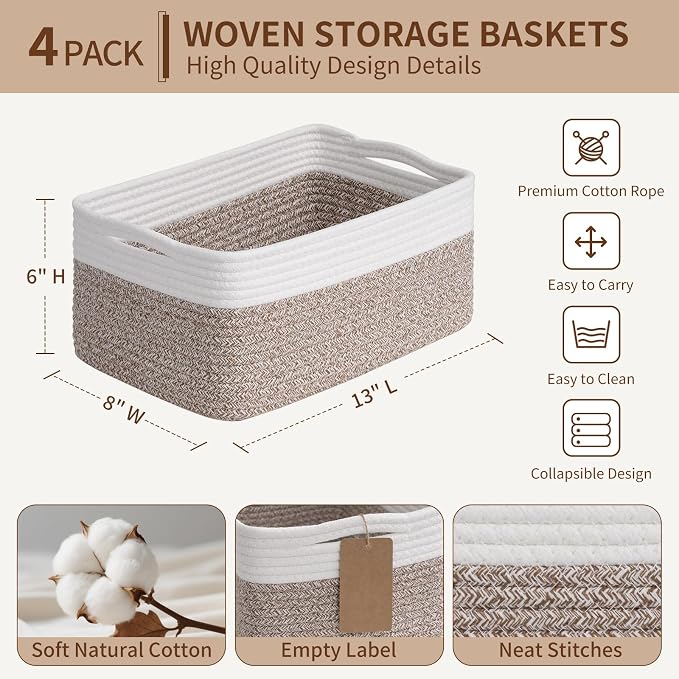 Goodpick 4 Pack Cotton Rope Storage Baskets for Shelves, Brown & White | 13" x 8" x 6", Rectangle, Woven Texture, Baby Toys, Diapers, Nursery Essentials, Decorative Gifts & Home Organization