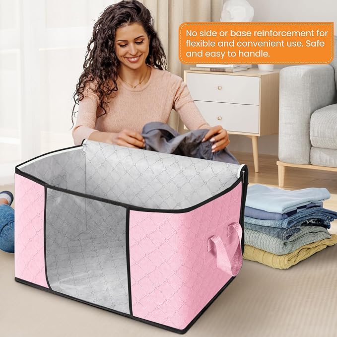 Fab totes 24 Gallons Clothes Storage, Foldable Thick Fabric Blanket Storage Bags, Containers for Organizing Bedroom, Closet, Clothing, Comforter, Organization with Handle (10 Pack,Pink)