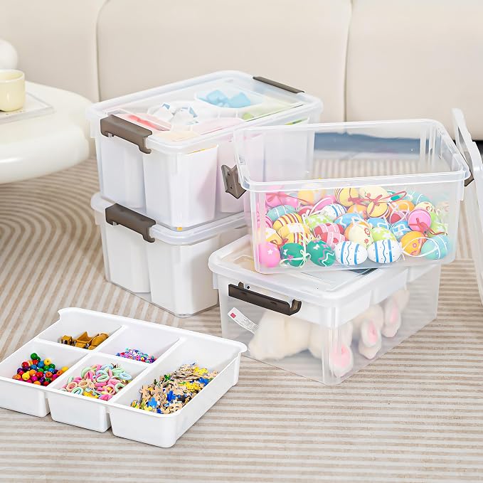 Citylife 17QT 4Packs Clear Craft Organizers and Storage Bins with Lids | Stackable Art Supply Organizer with Tray and 6 Inserts for Markers, Crayons, Pencils, Tools, Playdoh, Coloring Books
